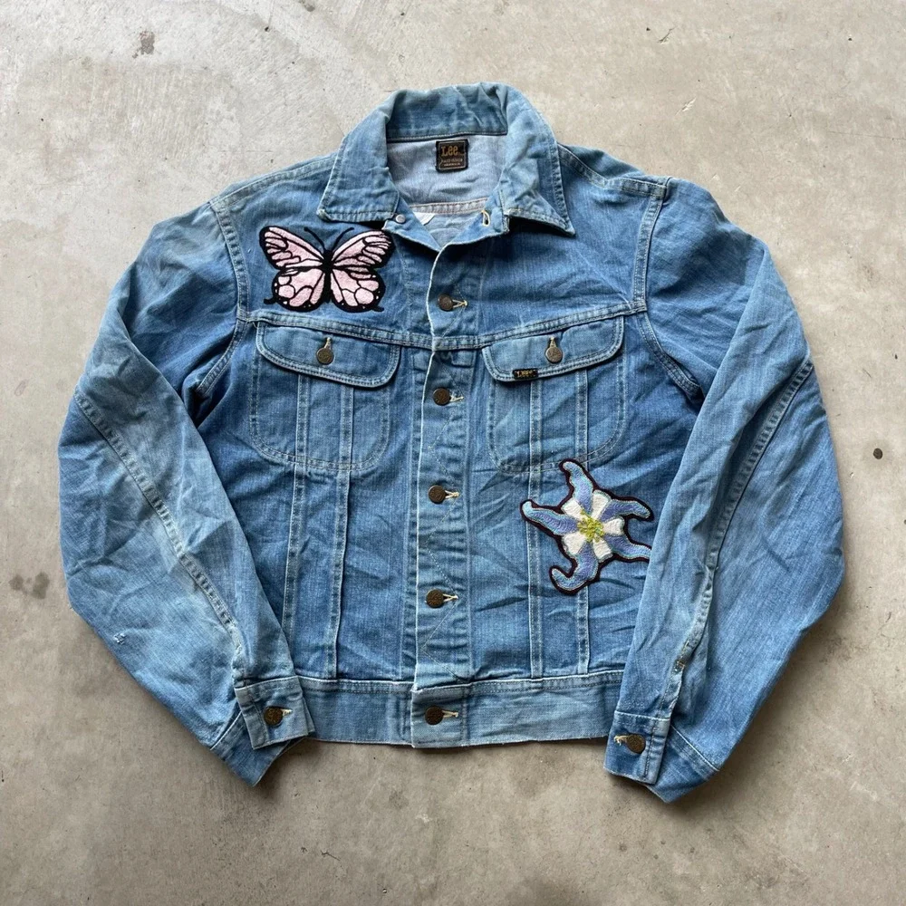 Vintage 70s Lee 101J Denim Jacket Chain Stitch Butterfly Embroidery Blue Mens